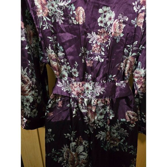Floral Satin Kimono Robe With Waist Tie Purple & Pink Womens Medium fairycore - Picture 6 of 10
